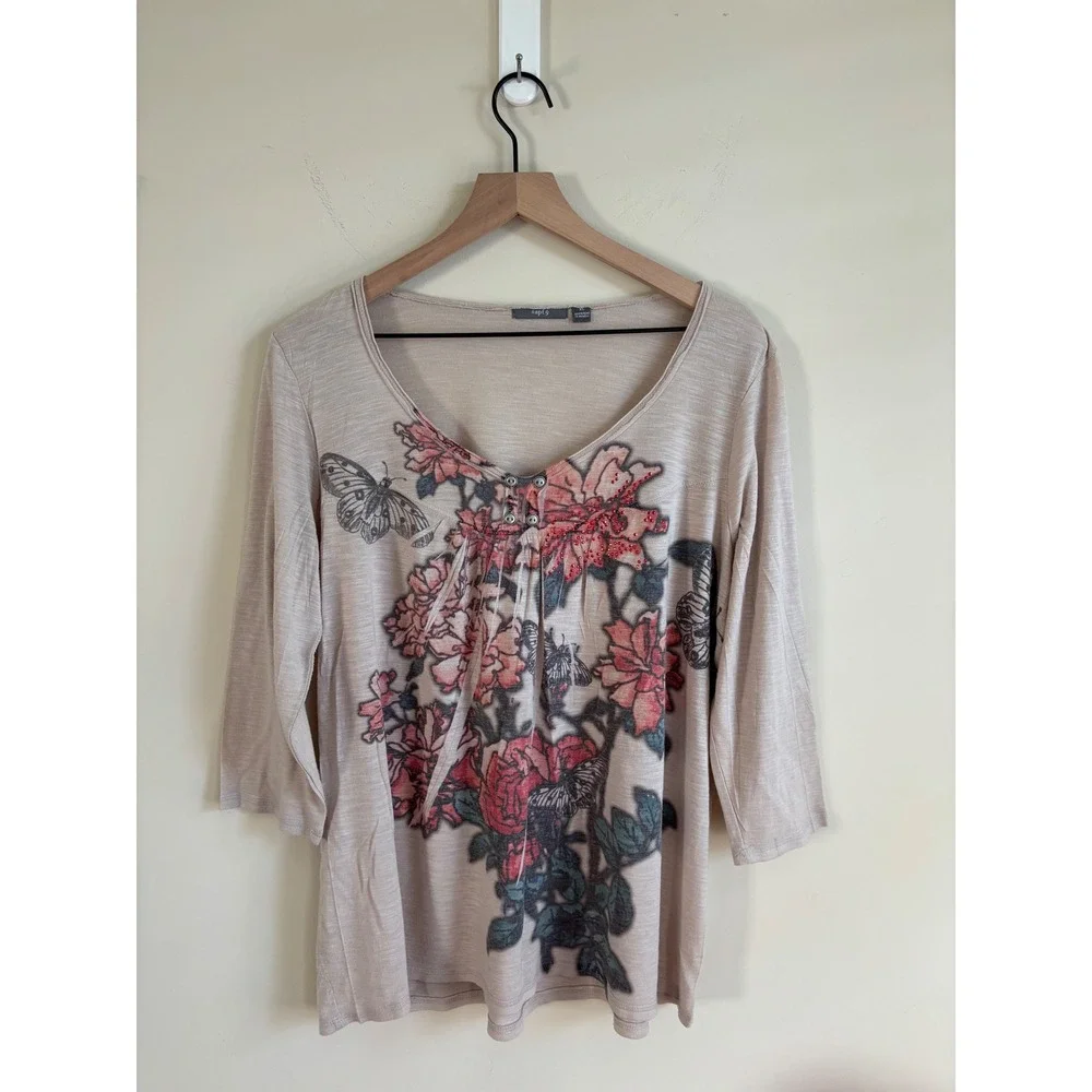 Apt 9 Womens XL Beige Floral Butterfly Graphic Slub Knit 3/4 Sleeve Top